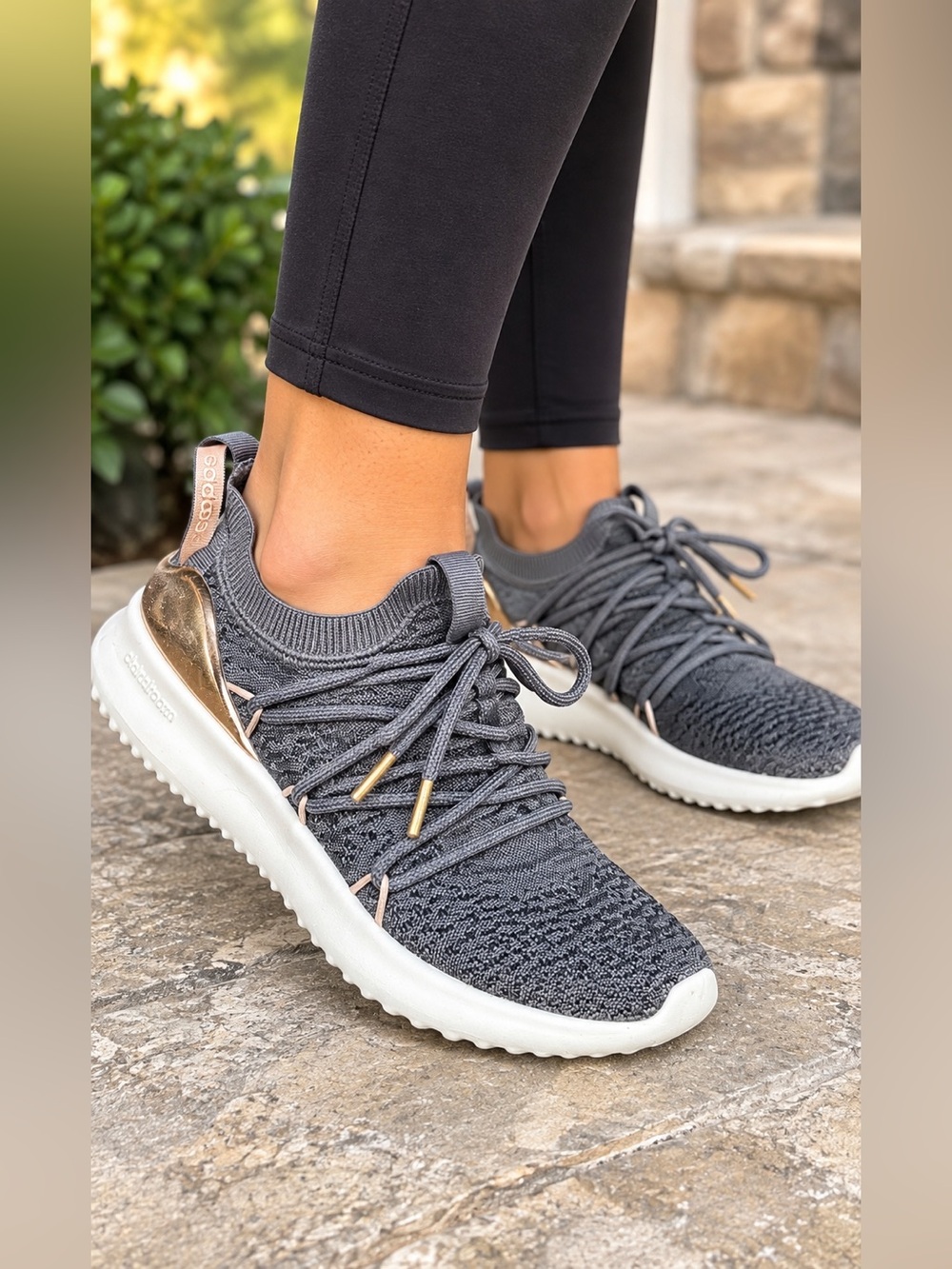 Adidas Women’s Size 7 Gray/Blue Knit Sneakers Rose Gold Cloudfoam Athletic Shoes